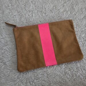 Clare V. Camel Leather Clutch Brown Neon Pink Stripe Zipper